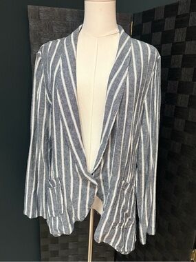 Sanctuary Linen Blend Striped Boyfriend Blazer Navy Cream Single Button